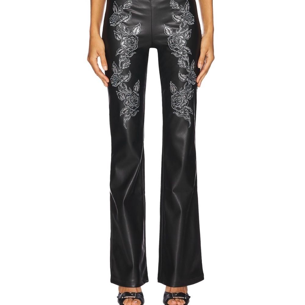 I.AM.GIA Black Faux Leather Flare Pants with Silver Rose Embroidery